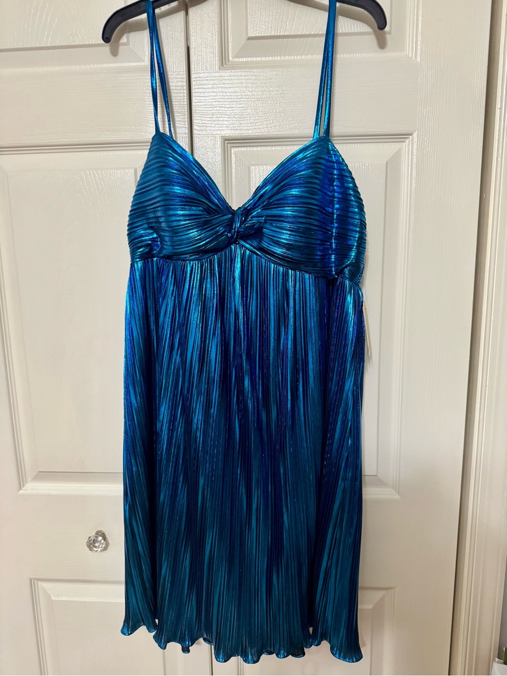 Shimmering Teal-Blue Pleated Slip Dress with Spaghetti Straps size 18